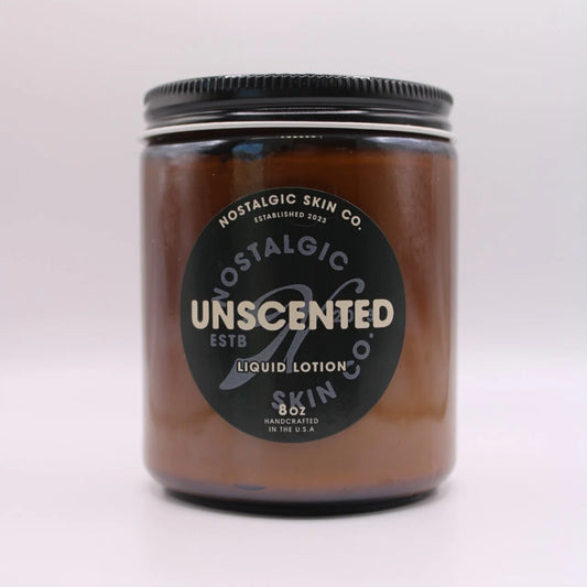Jar of Nostalgic Skin Co. unscented liquid lotion on a white background