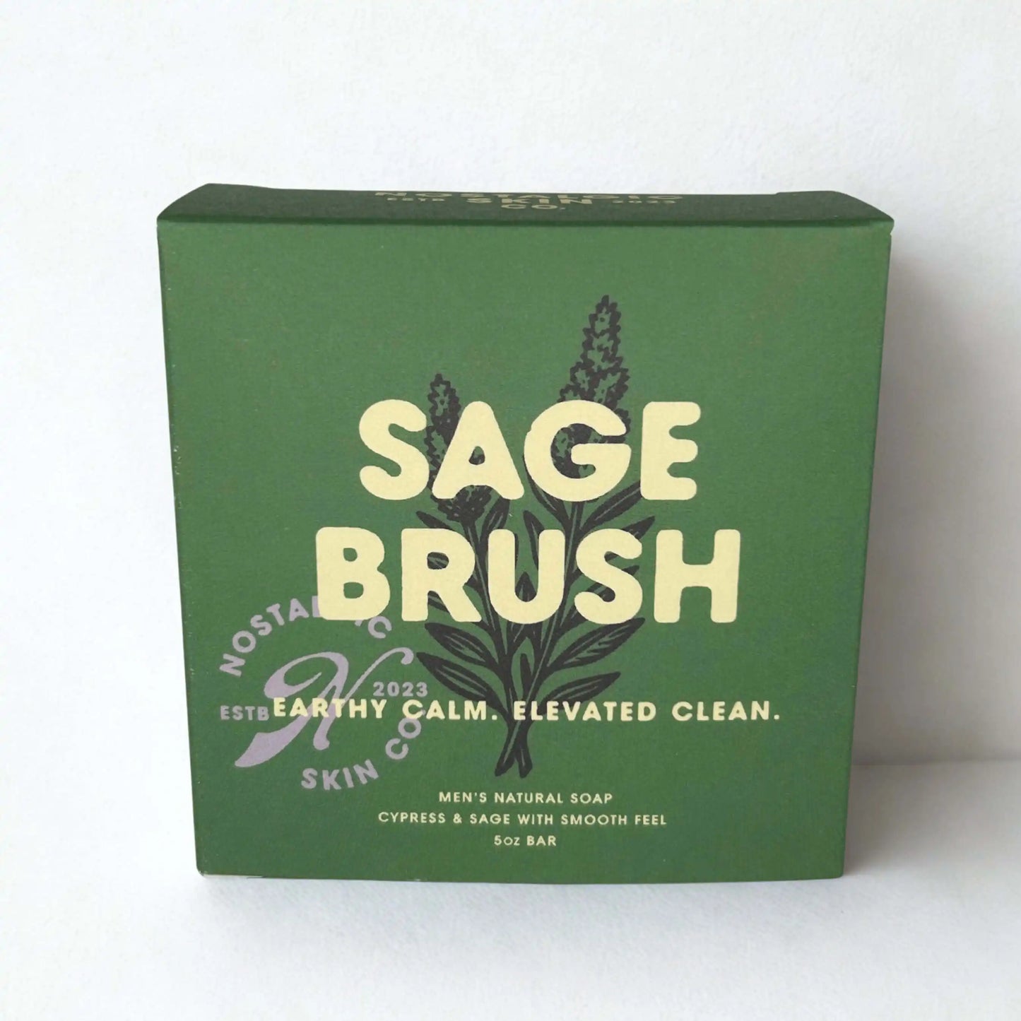 Green box of Sage Brush soap with branding on a white background