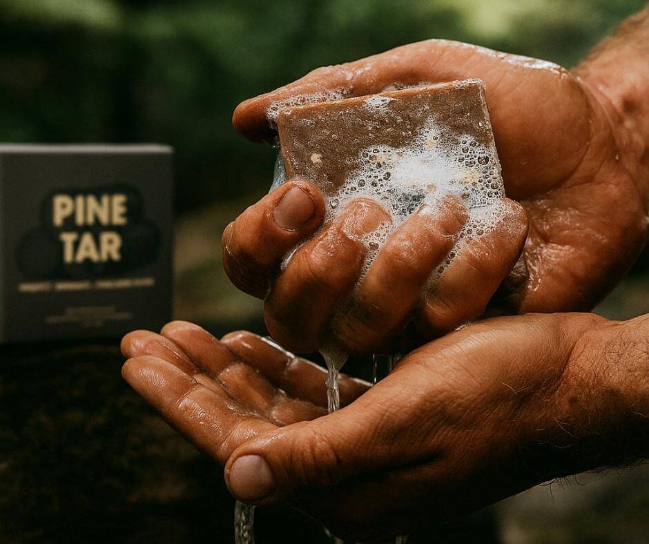 Cut to a close-up of a man’s hand — rugged, calloused — as he lathers the Pine Tar bar under water. The soap foams slowly, creating a thick, natural lather with oat grit visible. 