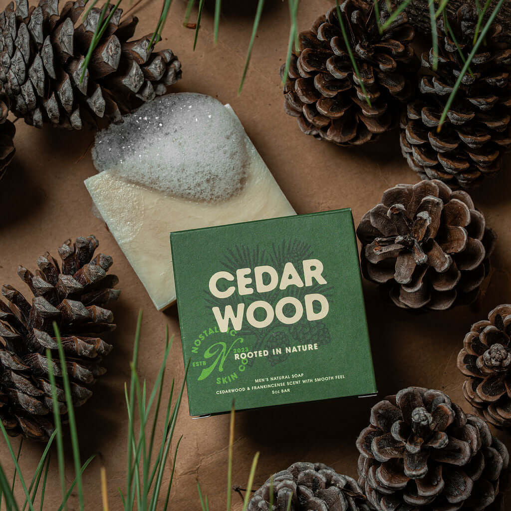 Cedarwood bar soap with natural pine cones – rich lather, earthy scent, handcrafted for men who live rugged.