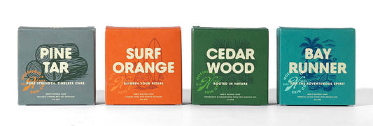 4-Pack Natural Soap Set – Includes Pine Tar, Cedarwood, Surf Orange, and Bay Runner bars, gift-ready for men.